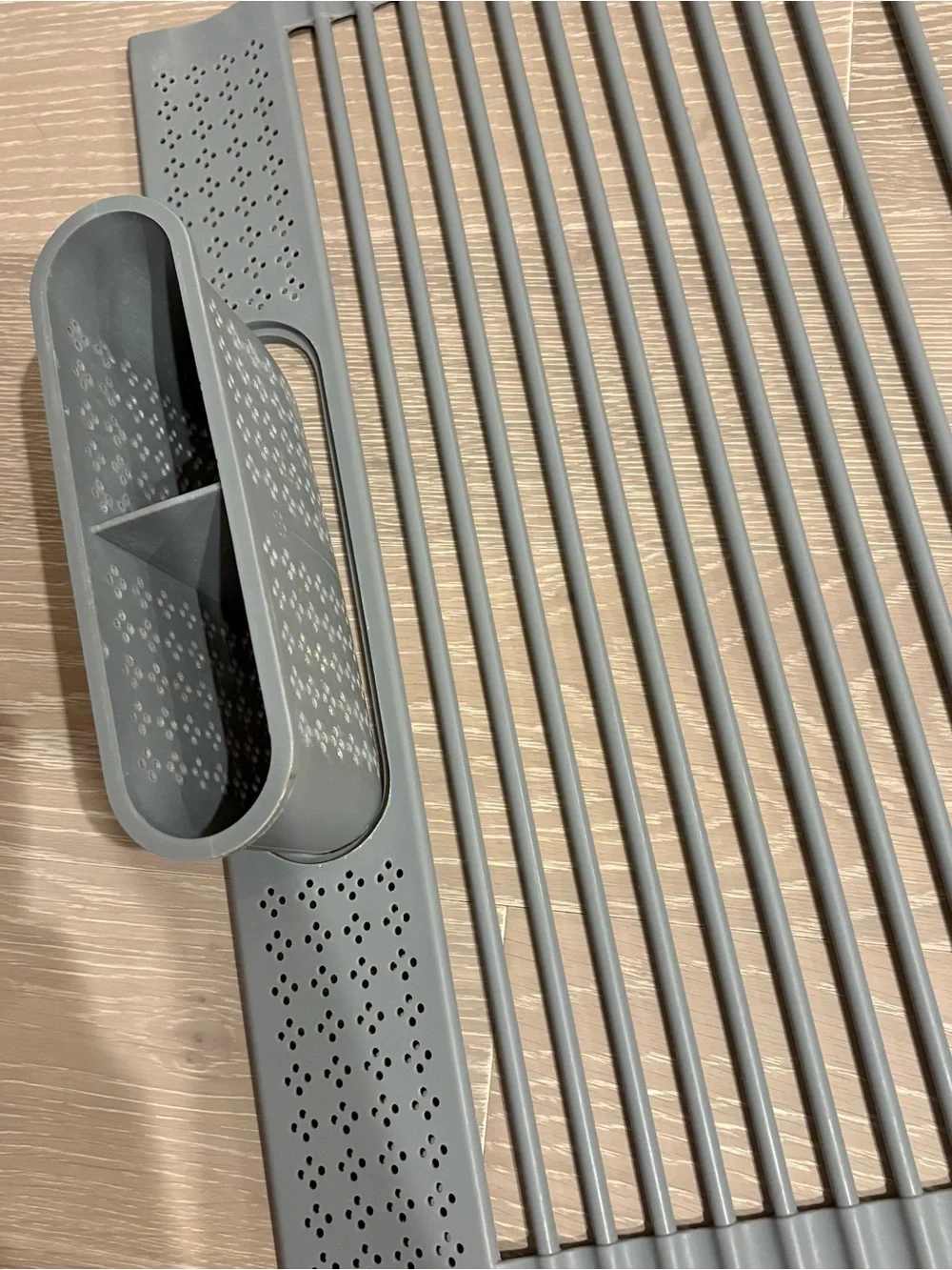 Gray Over-Sink Roll-Up Dish Drying Rack with Utensil Holder